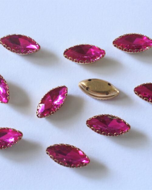 Fuschia Pink Eye Shape Sew on Rhinestones with Brass Lace Catcher