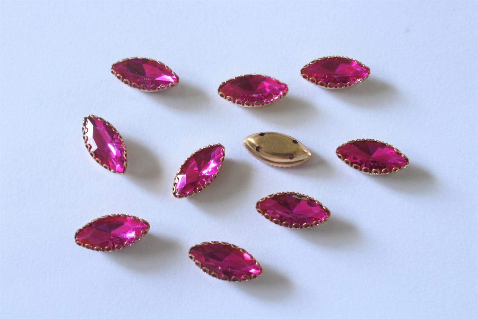 Fuschia Pink Eye Shape Sew on Rhinestones with Brass Lace Catcher