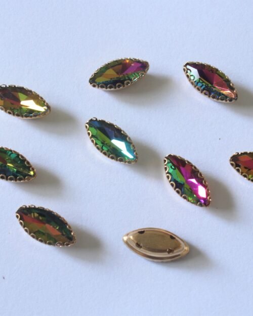 Green Multicolour Eye Shape Sew on Rhinestones with Brass Lace Catcher