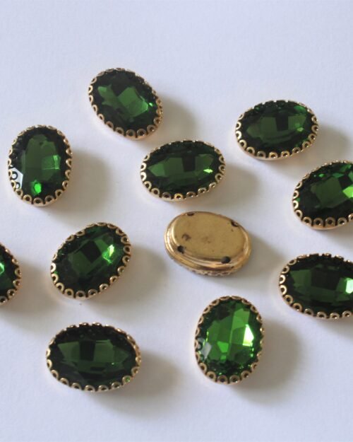 Green Oval Shape Sew on Rhinestones with Brass Lace Catcher
