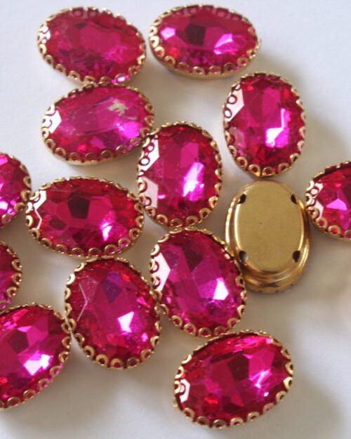 Fuschia Pink Oval Shape Sew on Rhinestones with Brass Lace Catcher