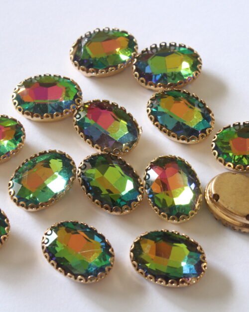 Green Multicolour Oval Shape Sew on Rhinestones with Brass Lace Catcher