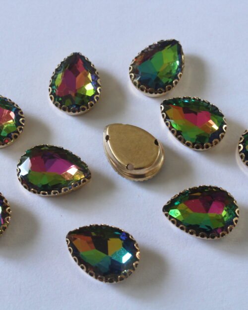 Multicolour Teardrop Shape Sew on Rhinestones with Brass Lace Catcher