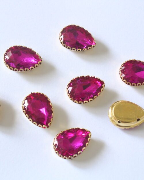 Fuschia Pink Teardrop Shape Sew on Rhinestones with Brass Lace Catcher