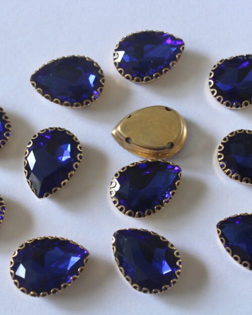 Royal Blue Teardrop Shape Sew on Rhinestones with Brass Lace Catcher