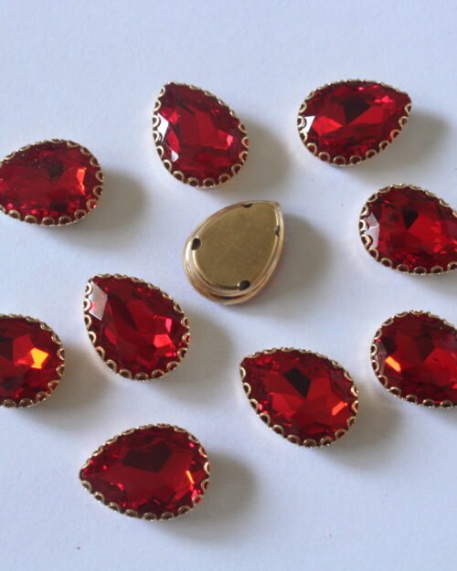 Dark Red Teardrop Shape Sew on Rhinestones with Brass Lace Catcher 12x18MM