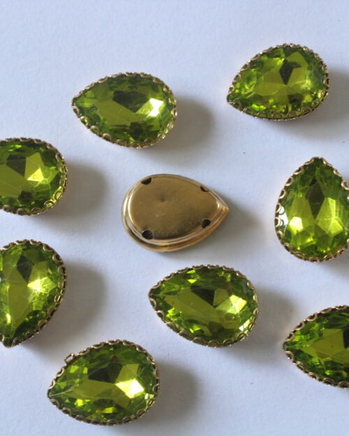 Light Green Teardrop Shape Sew on Rhinestones with Brass Lace Catcher