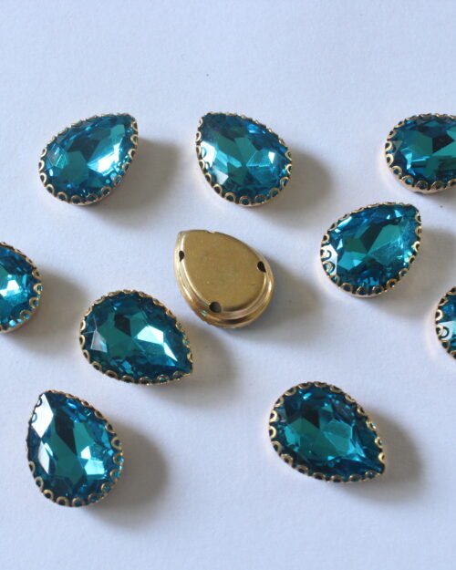 Turquoise Blue Teardrop Shape Sew on Rhinestones with Brass Lace Catcher