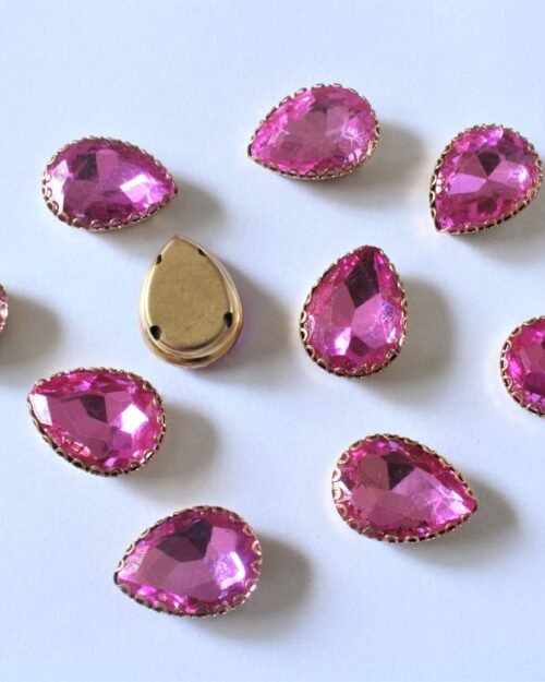 Bougainvillea Pink Teardrop Shape Sew on Rhinestones with Brass Lace Catcher 12x18 MM