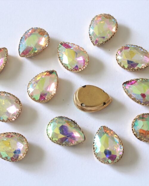 White AB Teardrop Shape Sew on Rhinestones with Brass Lace Catcher 12x 18 MM