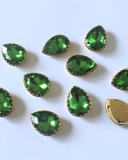 Green Teardrop Shape Sew on Rhinestones with Brass Lace Catcher 12x 18 MM